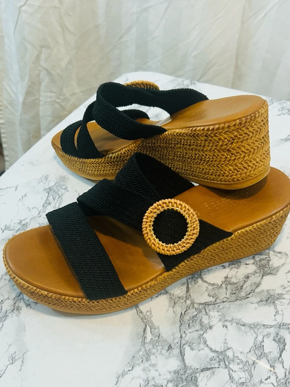 Italian Shoemakers Black and Tan Wedge Sandals with Rattan Accent